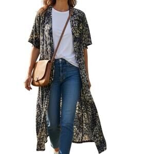 WHBM Mesh Duster Cardigan Womens Size 10 Blue Floral Topper Coverup Medium